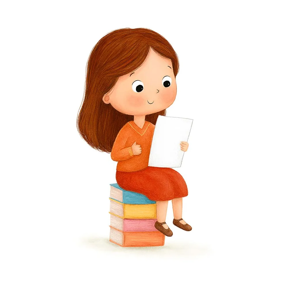 Anna sitzt auf einem Stapel Bücher und liest, Illustration zur Human Design Geschichte über das Ajna-Zentrum