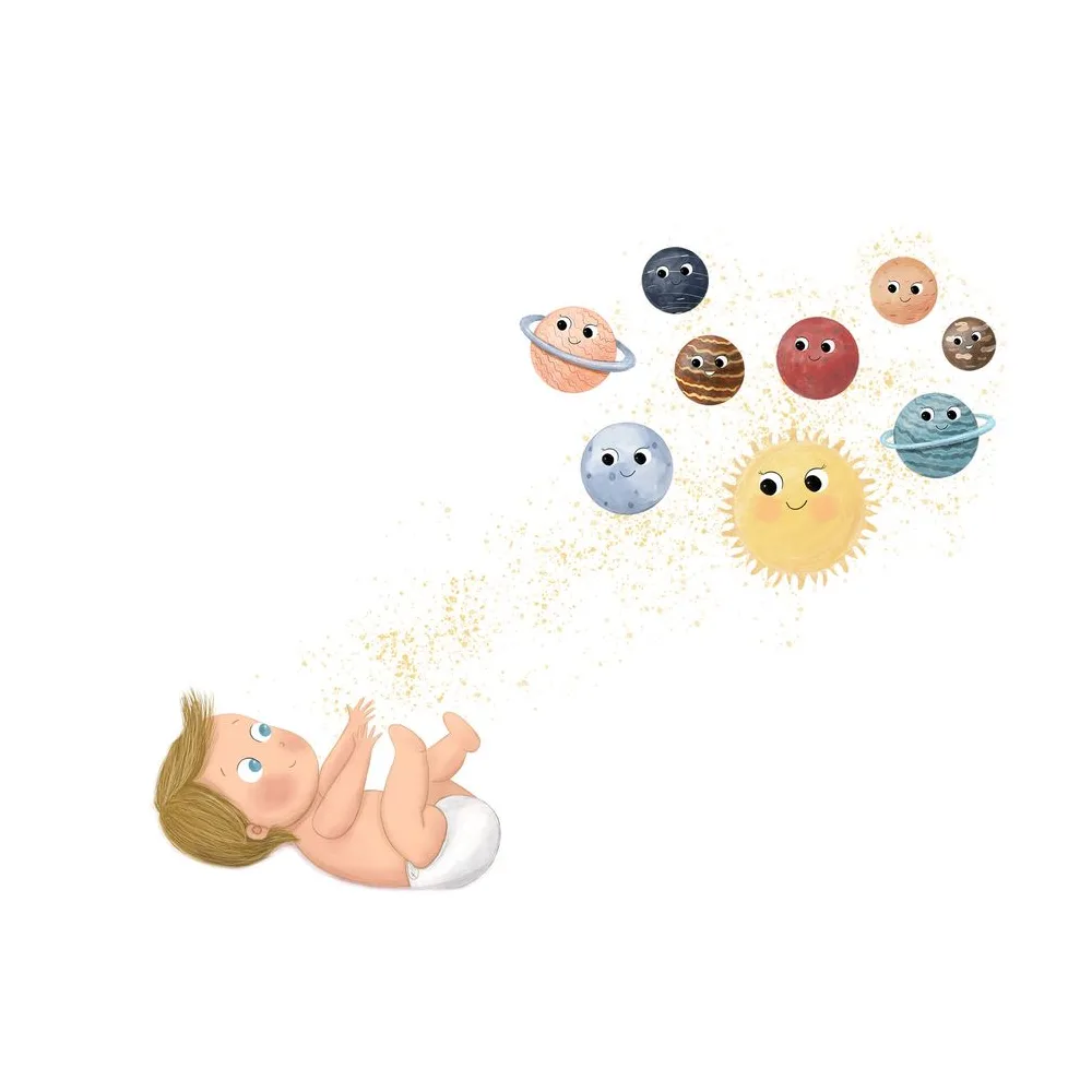 Baby auf dem Rücken, Sonne und Planeten schenken ihm glitzernden Sternenstaub, Illustration zur Human Design Geschichte über die Geburt deines Kindes
