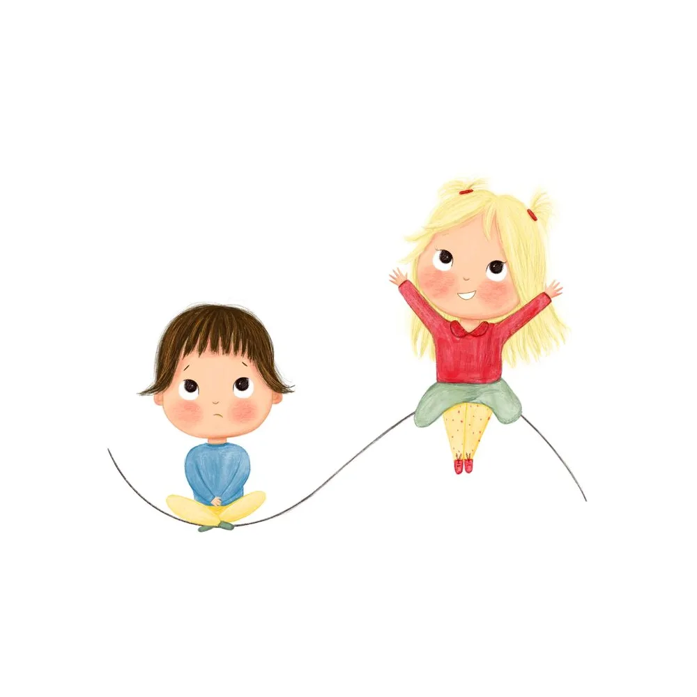 Emely springt fröhlich Seil, Elias sitzt ruhig daneben, Illustration zur Human Design Geschichte über die emotionale Autorität
