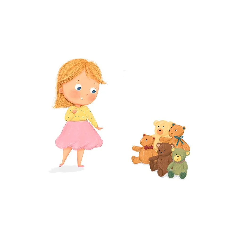 Karla spricht zu ihren Teddys, Illustration zur Human Design Geschichte über das Kehlzentrum