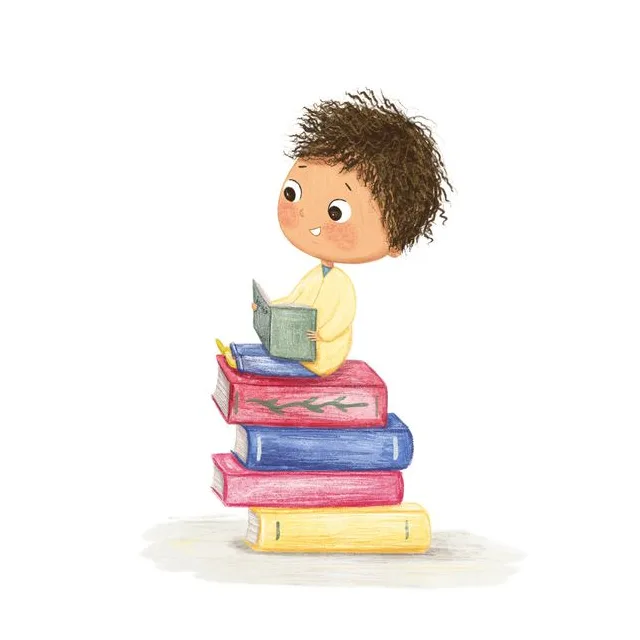 Erik liest auf einem hohen Stapel Bücher