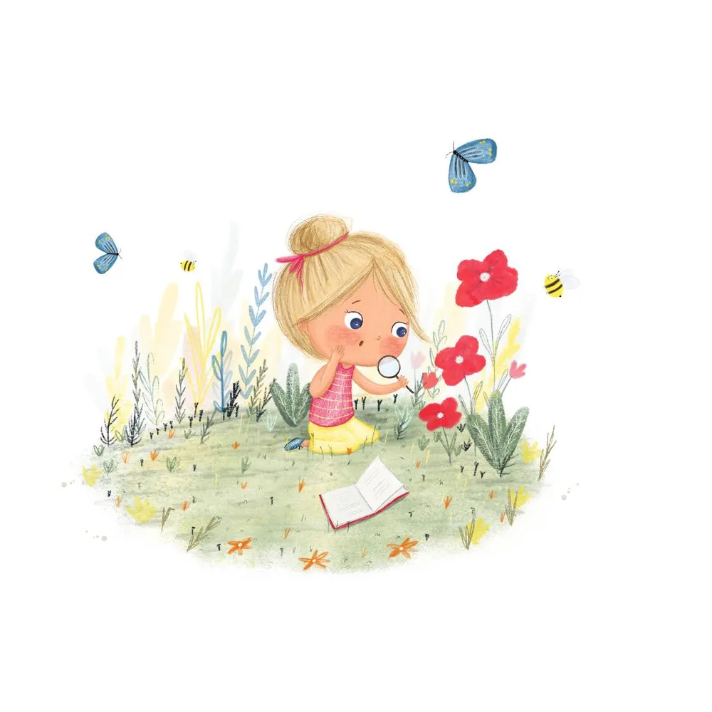 Elsa untersucht Blumen mit der Lupe, um sie herum fliegen Schmetterlinge, Illustration zur Human Design Geschichte über die Linie 1 im Profil
