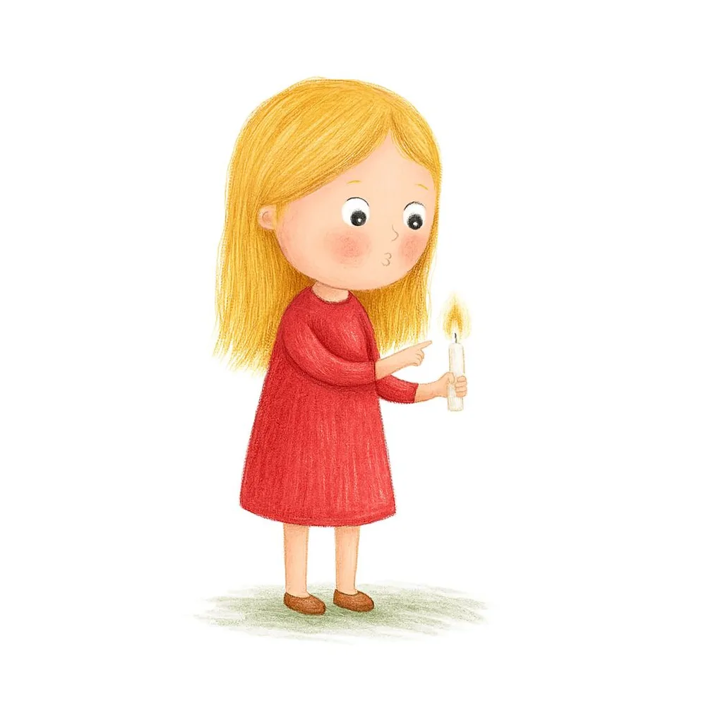 Delia hält ihren Finger an eine brennende Kerze, Illustration zur Human Design Geschichte über die Linie 3 im Profil
