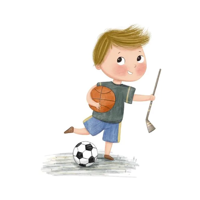 Max mit Basketball, Fußball und Hockeyschläger
