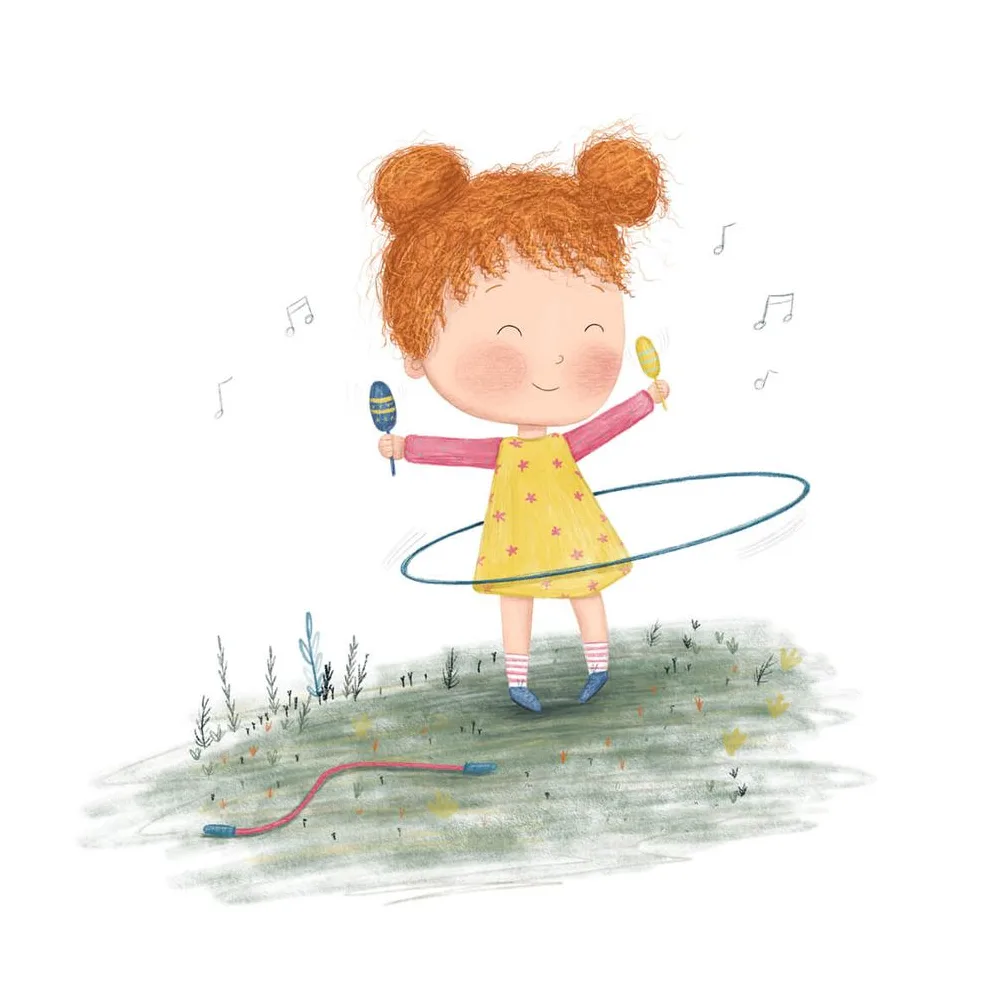 Merle tanzt mit dem Hula-Hoop-Reifen und spielt mit ihren Rasseln, Illustration zur Human Design Geschichte über Manifestierende Generatoren