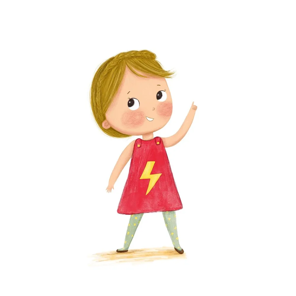 Maike im roten Kleid mit einem Blitz darauf, Illustration zur Human Design Geschichte über die Milz-Autorität