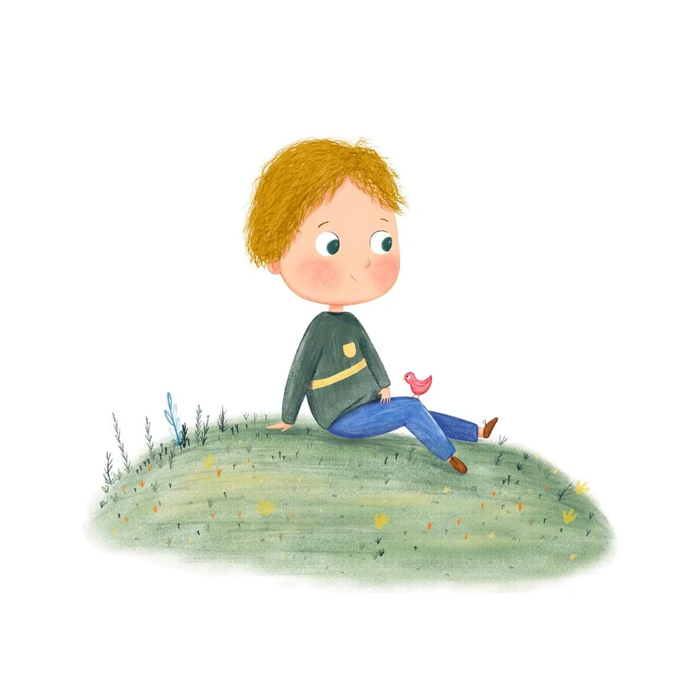 Robbin sitzt im Garten, ein kleiner Vogel leistet ihm Gesellschaft, Illustration zur Human Design Geschichte über Reflektor-Kinder