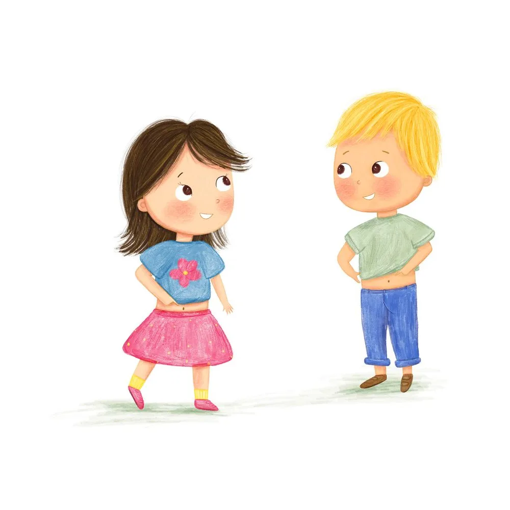 Saskia und Steven zeigen auf ihren Bauch, Illustration zur Human Design Geschichte über die sakrale Autorität