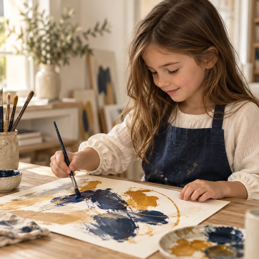 Kind in nachtblauer Schürze gestaltet ein eigenes Bild mit goldenen und blauen Farben