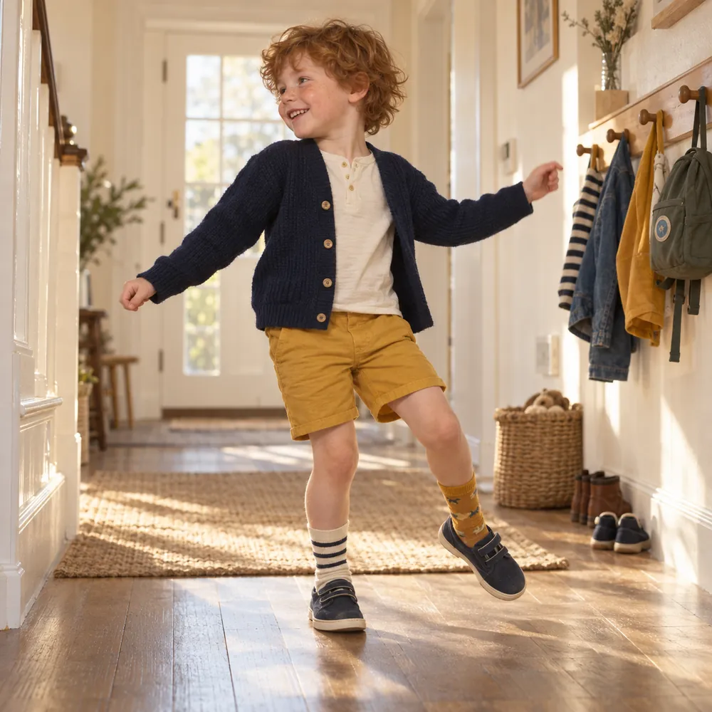 Junge mit rötlichen Locken tanzt fröhlich in selbst ausgesuchten Kleidern und unterschiedlichen Socken