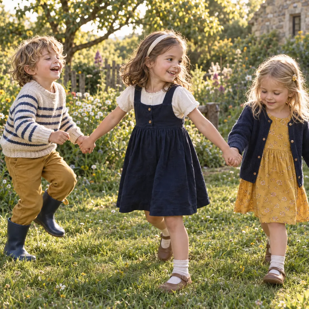 Mädchen im nachtblauen Kleid spielt mit zwei anderen Kindern Hand in Hand im Garten