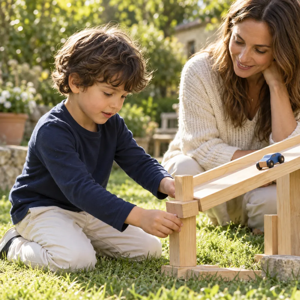 Junge verbessert im Garten eine Holzrampe für sein Spielzeugauto