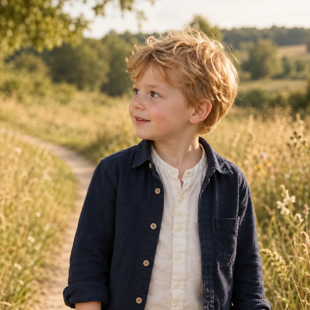 Junge im Kindergartenalter mit blondem Haar und nachtblauem Hemd an einem sonnigen Wiesenweg