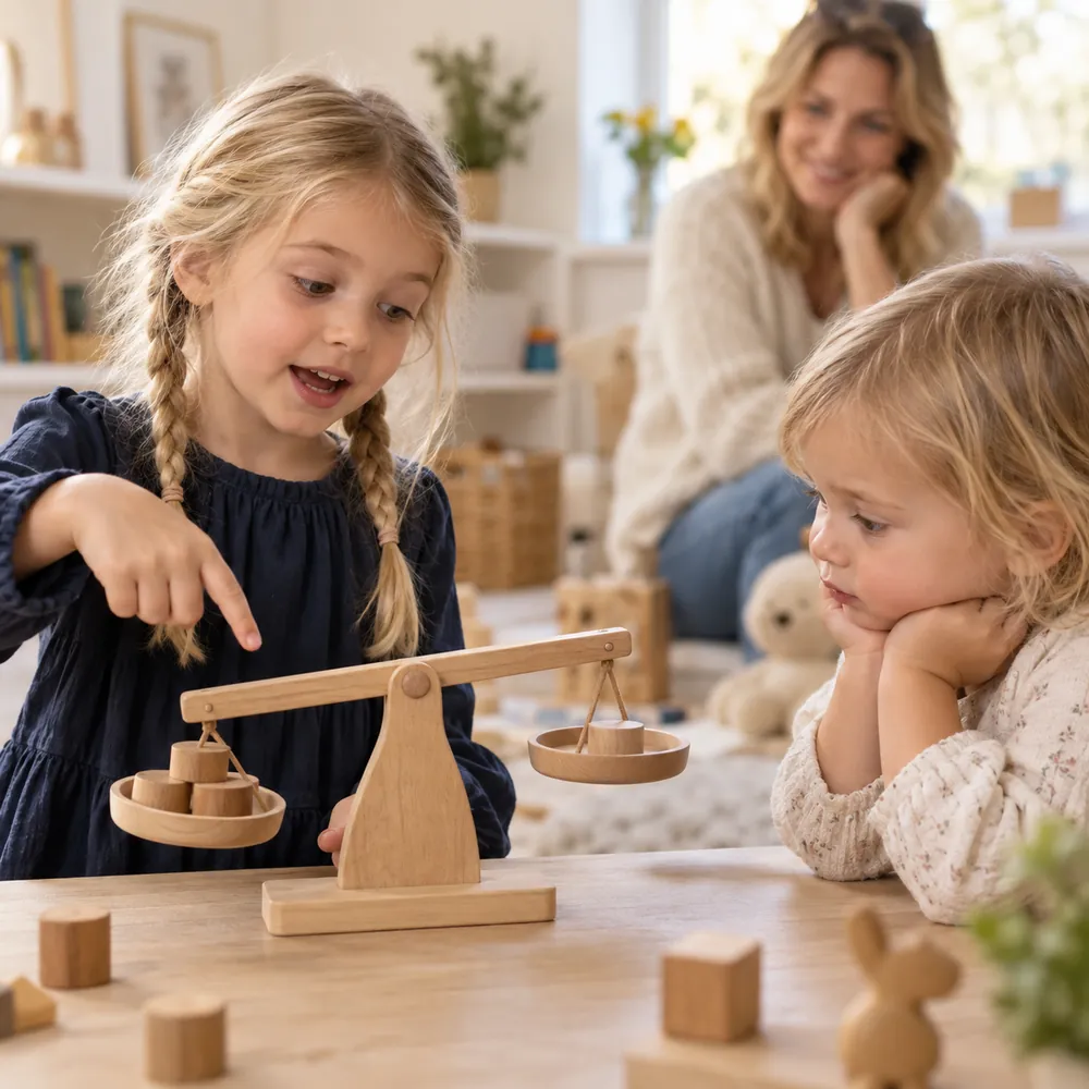 Mädchen erklärt einem jüngeren Kind eine Spielzeugwaage