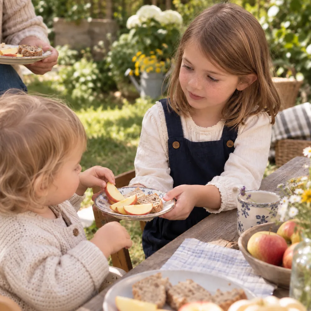Mädchen bietet einem jüngeren Kind am Gartentisch einen Teller mit Brot und Apfelstücken an