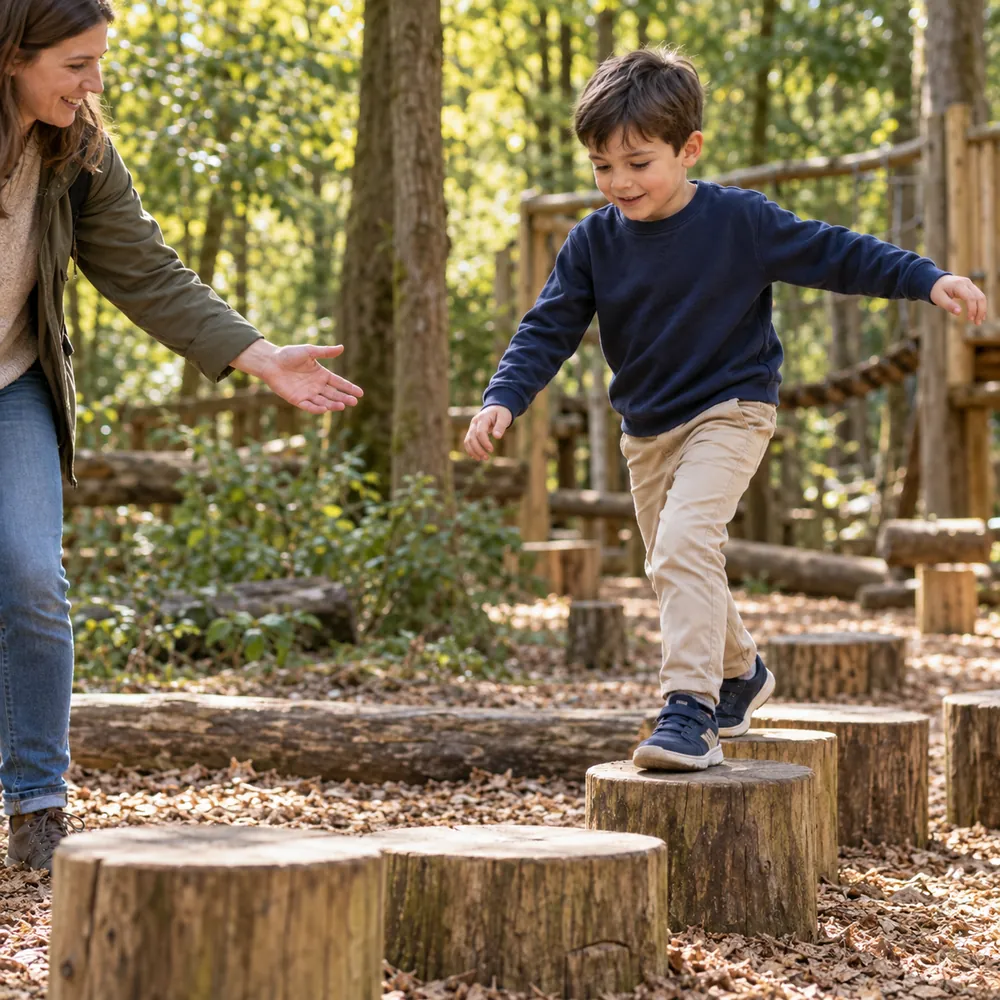 Junge balanciert konzentriert zwischen niedrigen Holzstämmen auf einem Waldspielplatz