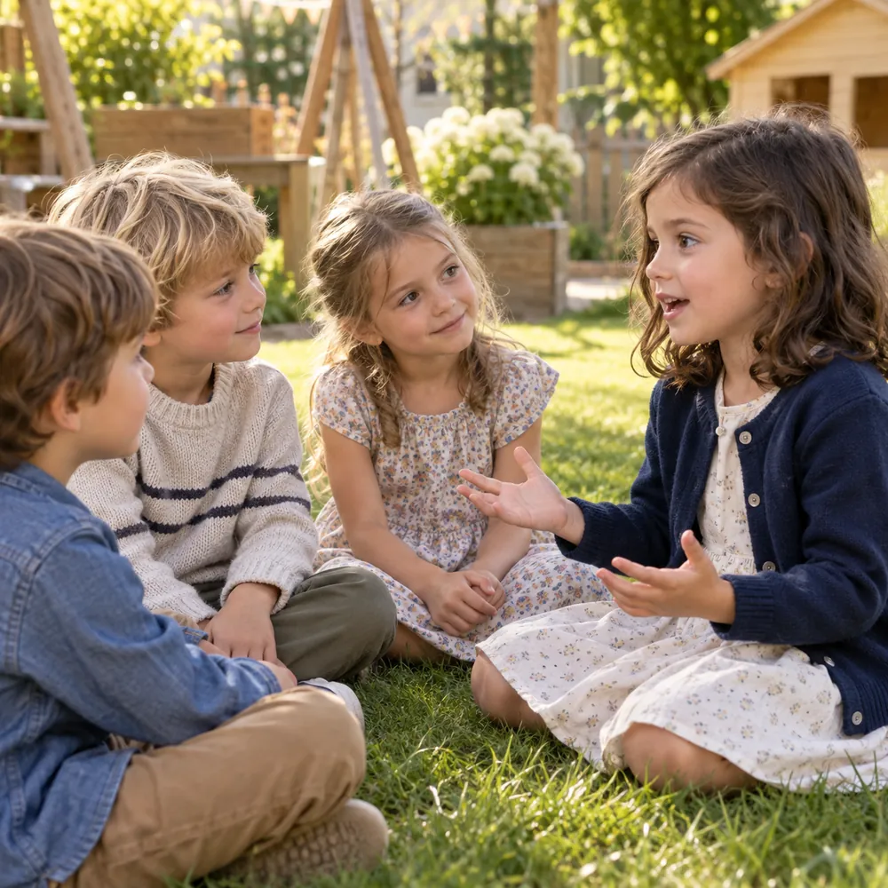Dunkelhaariges Mädchen erklärt drei aufmerksam zuhörenden Kindern einen Spielvorschlag im Garten