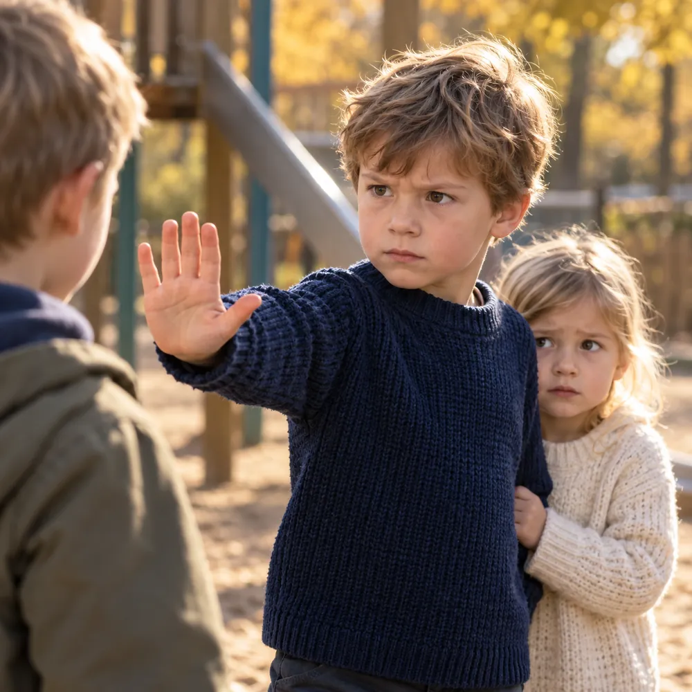 Entschlossener Junge stellt sich mit einer offenen Hand schützend vor ein kleineres Kind