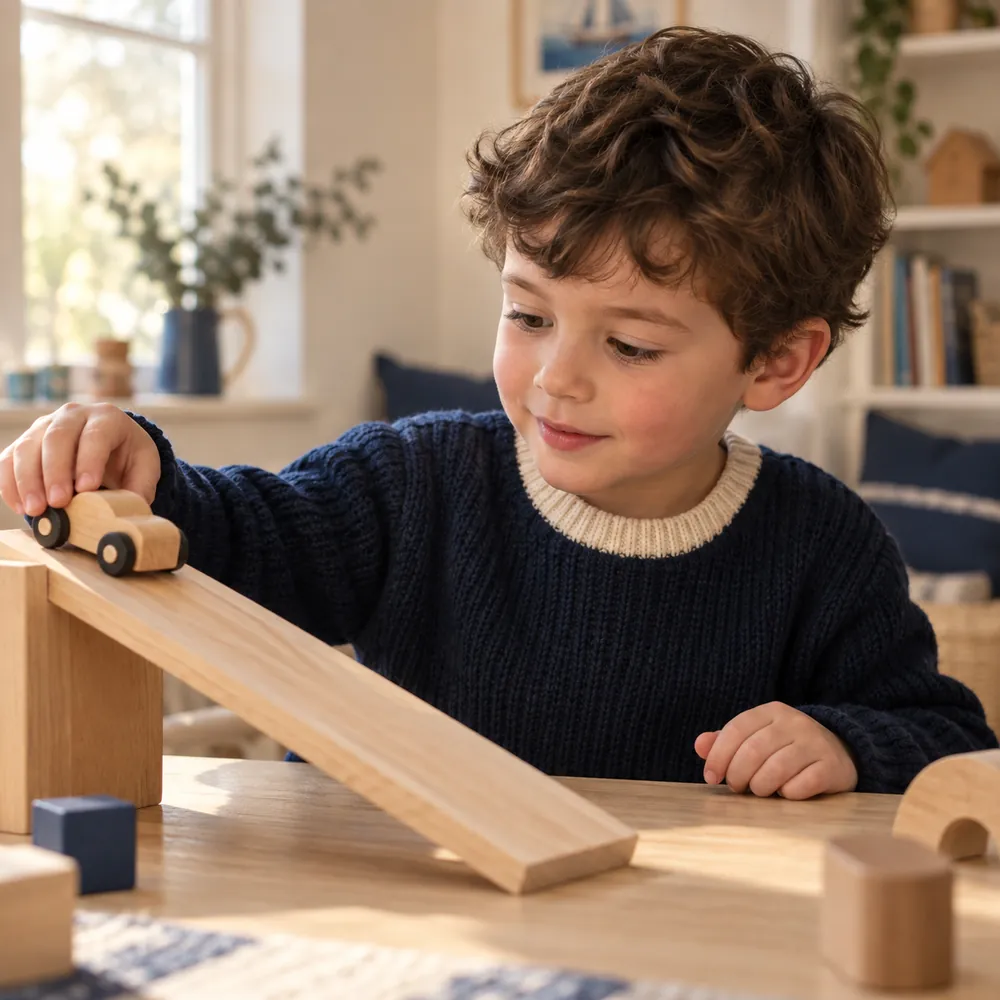 Dunkelhaariger Junge im Kindergartenalter lässt ein Holzauto über eine Rampe rollen