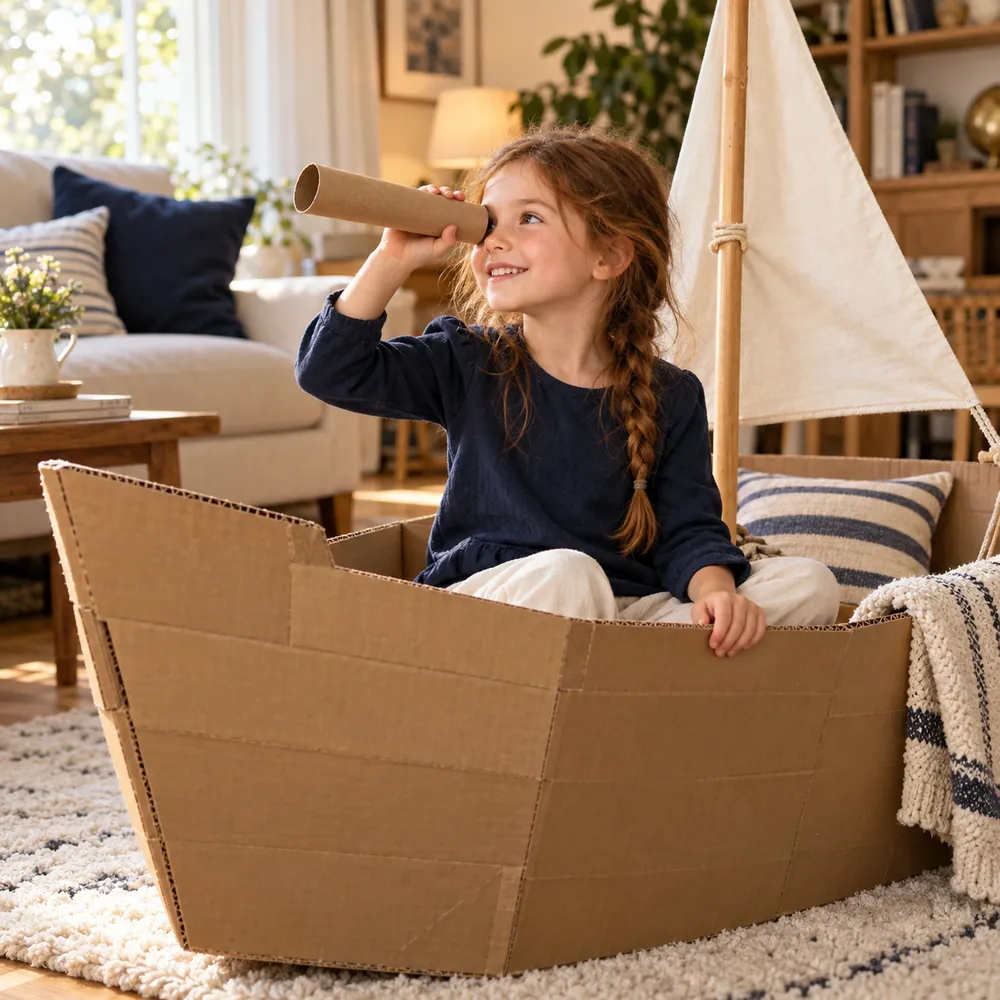 Mädchen mit kupferbraunem Haar träumt in einem selbst gebauten Pappboot von einer großen Reise