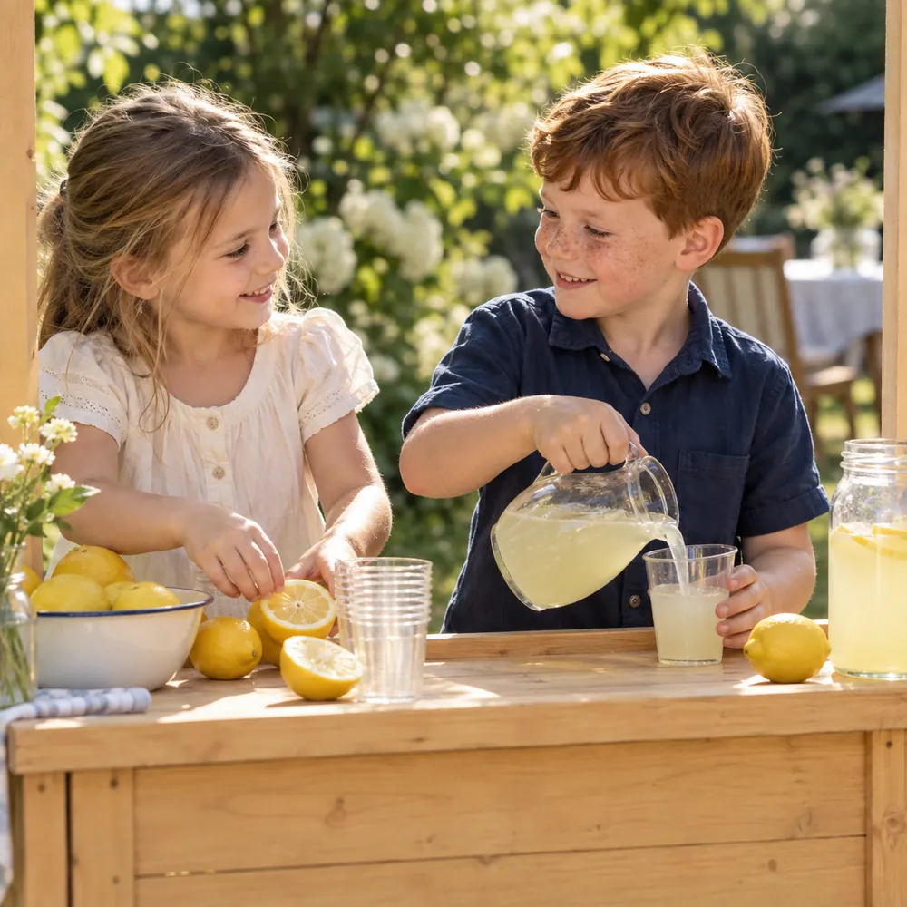 Junge und Mädchen arbeiten gemeinsam an einem kleinen Limonadenstand