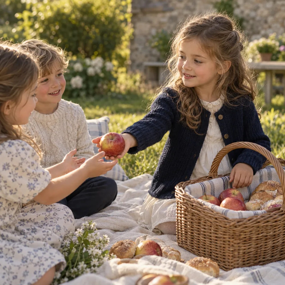 Ein Mädchen verteilt beim gemeinsamen Picknick Obst an zwei andere Kinder