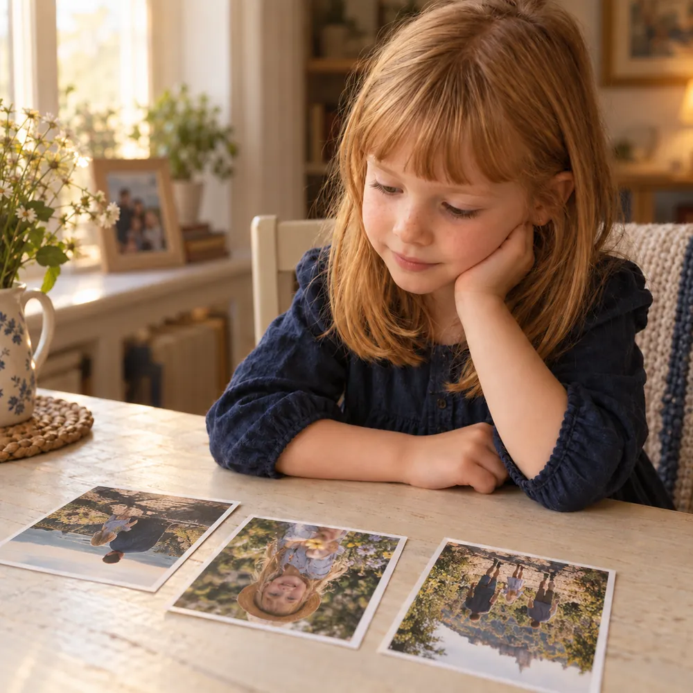 Mädchen betrachtet nachdenklich Fotos eines gemeinsamen Ausflugs