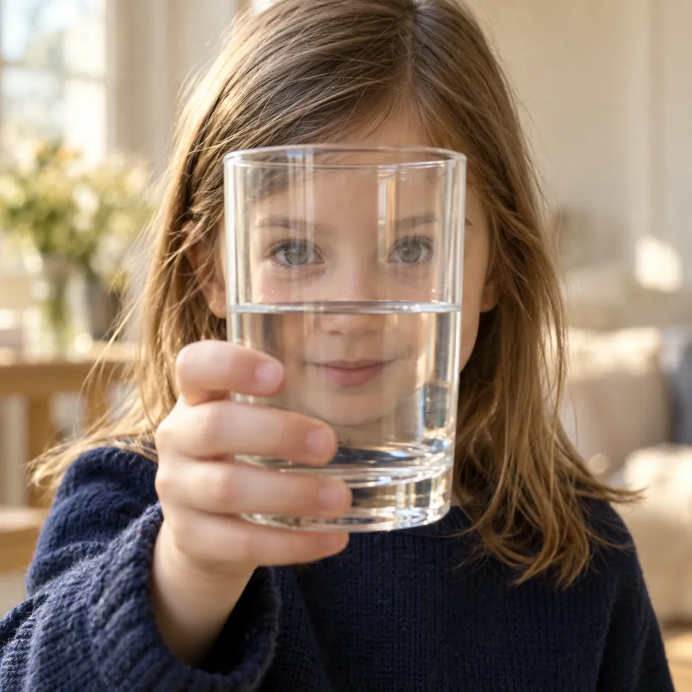 Mädchen hält ein halbvolles Wasserglas vor ihr Gesicht und schaut hindurch zur Kamera