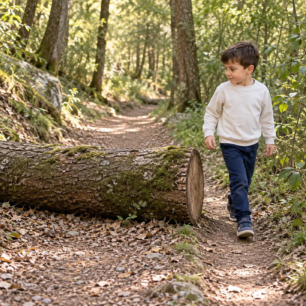 Junge in hellem Oberteil und nachtblauer Hose geht seitlich um einen quer über dem Waldweg liegenden Baumstamm herum