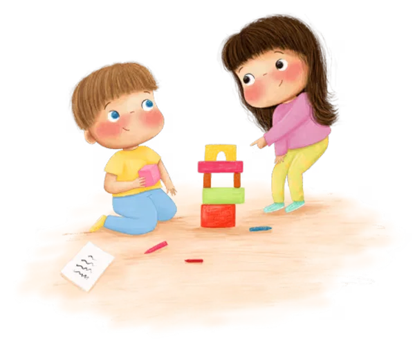 Illustration: Projektor-Kind schaut beim Bauen zu