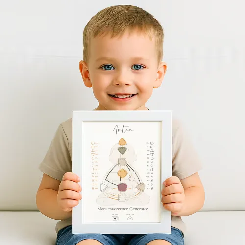 Junge hält sein Human Design Poster mit dem Namen Anton