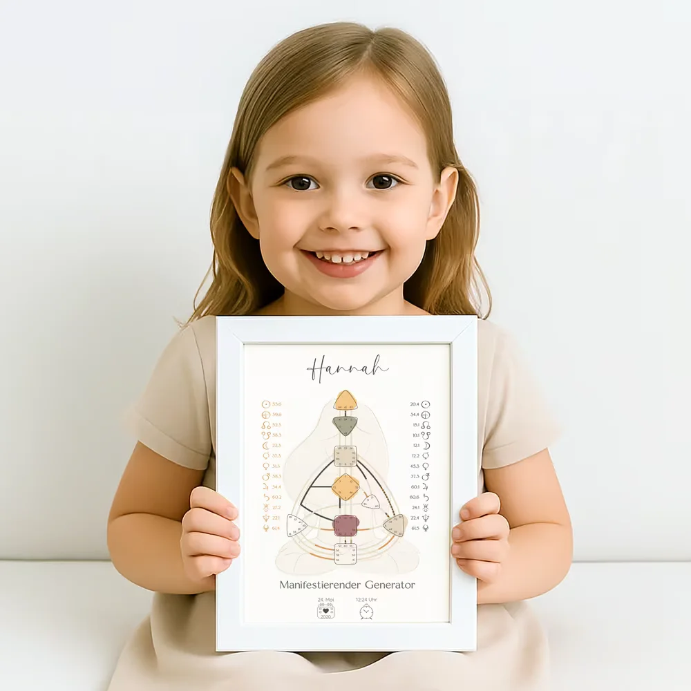 Mädchen hält ihr personalisiertes Human Design Poster im weißen Rahmen