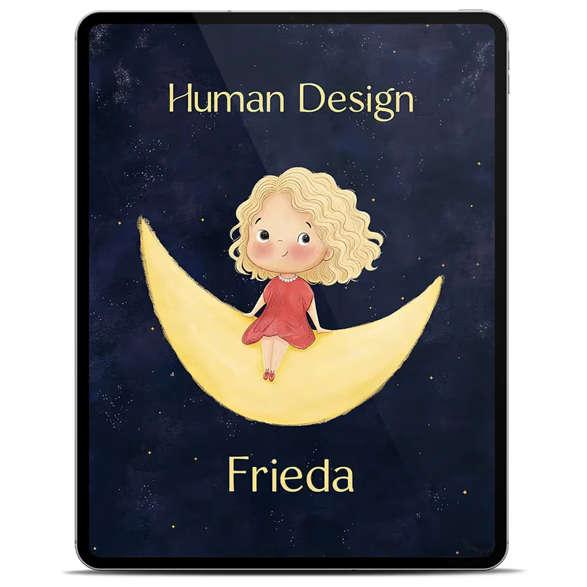 Human Design Kinder E-Book HD-Snack auf dem Tablet, Mädchen Frieda auf der Mondsichel